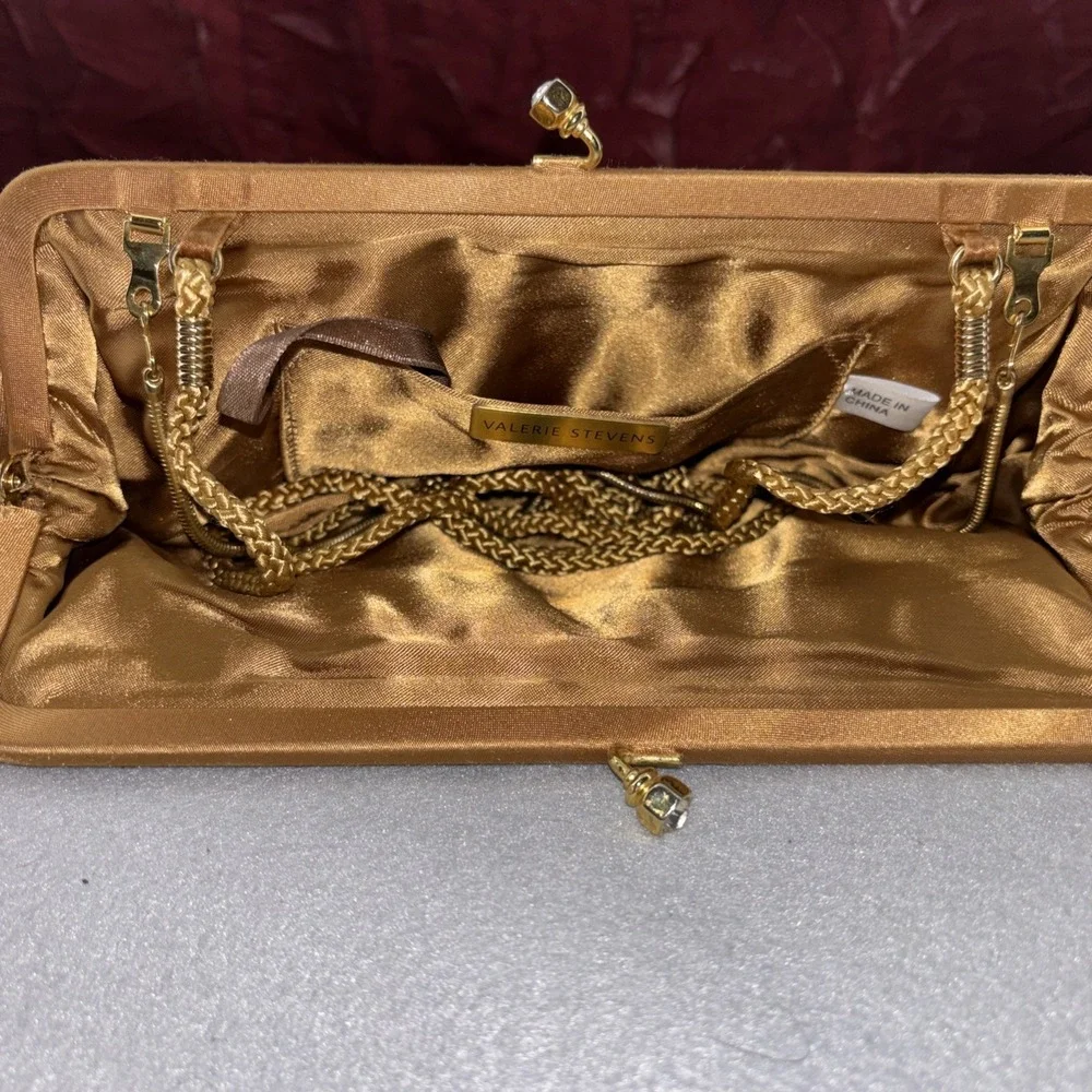 Valerie Stevens Gold Satin Duel Strap Clutch Purse Bow Rhinestone Kiss Lock EUC